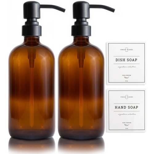 Vine Creations Amber Glass Soap Dispenser, 2 Pack Kitchen Soap Dispenser Set with Stainless Steel Pump, 16 oz Hand Soap Dispenser Bathroom, Dish Soap Dispenser for Kitchen with Waterproof Labels