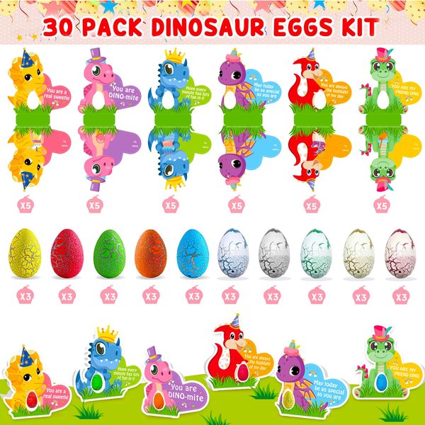 30PCS Dinosaur Hatching Eggs Bulk, Dinosaur Birthday Party Supplies Dinosaur Toys with Cards for Kids 3-5, Dino Eggs Party favors for Toddlers Kids School Classroom Birthday Valentines Party Gifts