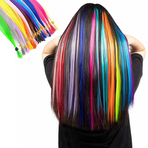 100 Strands 20" Party Colors I Tip Fusion Hair Extensions Kit +100 Micro Beads+ Hook Needle +Plier I-Tip Long Straight Hairpieces Highlight Feather Micro Ring Hair Accessories