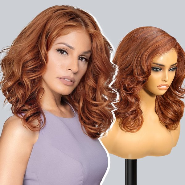 KOME Ginger Synthetic Lace Front Wig,Short Body Wave Pre Plucked Ready to Wear Wigs,HD Glueless 13X5X1 Lace Front Wigs for Women,Fiber & Remy Human Hair Blend,Daily Use Hair Wig 16inch