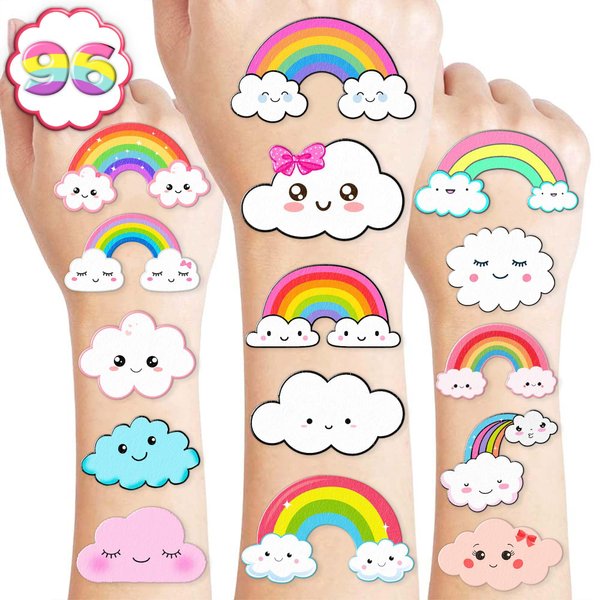 Generic 96 PCS Cute Cloud Temporary Tattoo Stickers Theme Pastel Rainbow Birthday Party Decorations Supplies Decor Favors Gifts for Boys Girls School Classroom Prizes Rewards