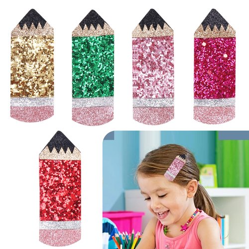 5 Pack Back to School Pencil Snap Hair Clips, Beleki Glitter Pencil Hair Clips for Women Girls Teacher Appreciation Gift First Day of School Shool Hair Accessories for Teachers Student