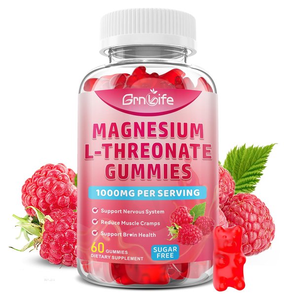 Magnesium L-Threonate Gummies 1000MG, Magnesium Threonate Supplement for Kids & Adults, Muscle & Nervous System Support, Sugar-Free, Raspberry Flavor, 60 Count