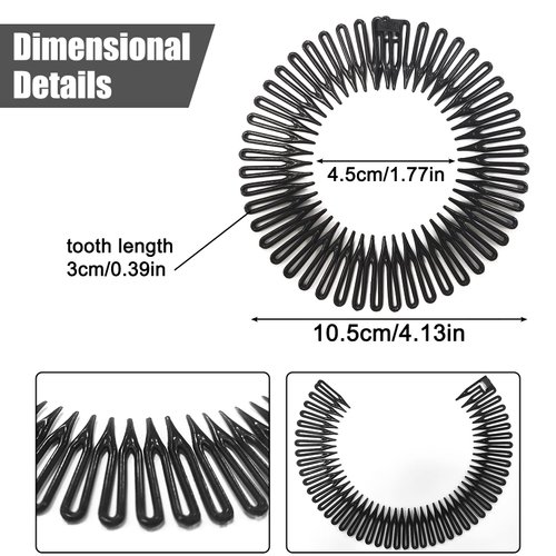 6 PCS Full Circular Stretch Comb Headbands Plastic Flexi Comb Circle Headbands with Teeth for Women's Hair Flexible Plastic Circle Comb Women Lady Stretch Plastic Full Circle Hair Comb (Black)