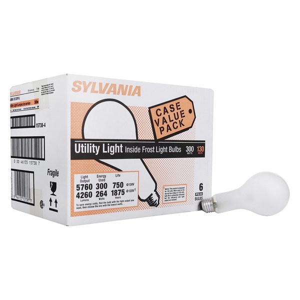 SYLVANIA Incandescent PS30 Utility Light Bulb, 300W, 5760 Lumens, 2850K, Frosted, Medium Base, 130 Volt, Commercial Value Pack - 6 Pack (15738)