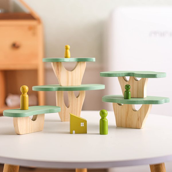 Wooden Tree Toy Pack of 15 Wood Stacking Forest Toys for Toddlers Peg Doll and Tree Sensory Toys for Kids Educational Stacking Balancing Blocks Montessori Building Blocks for Preschool Kids