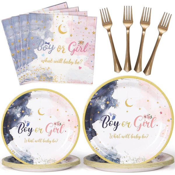 96PCS Gender Reveal Party Supplies Tableware Kit for 24 Guests sky blue and pink Gender Reveal Party Decorations Theme Party Table Supplies Pack Includes Plates ,Napkins, plastic forks