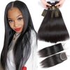 QTHAIR 14A Straight Hair Bundles with Closure (12 14+10inch Closure) 100% Brazilian Straight Virgin Hair 2 Bundles with Lace Closure Free Part Human Hair Extensions Natural Color