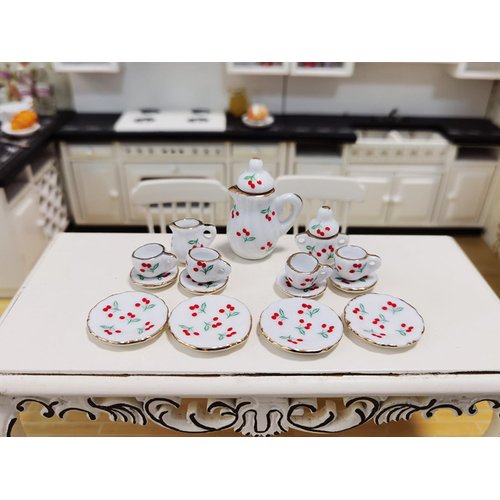 Dollhouse Porcelain 1/12 Scale Dollhouse Miniatures Tea Coffee Set Pot Cup Doll's House ;Mini Tea Set,Ceramics Tea Set (Red Cherry)