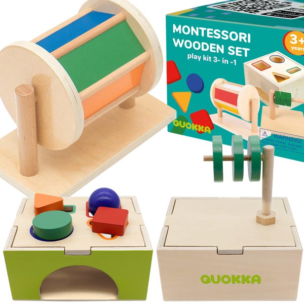 QUOKKA Montessori Toys for Babies 12 Months - Shape Sorter Toys for Toddlers 1 2 3 Year Old | Rainbow Spinning Drum | Sorting Cube | Discs on Dowel | Wooden Learning Activity Cube