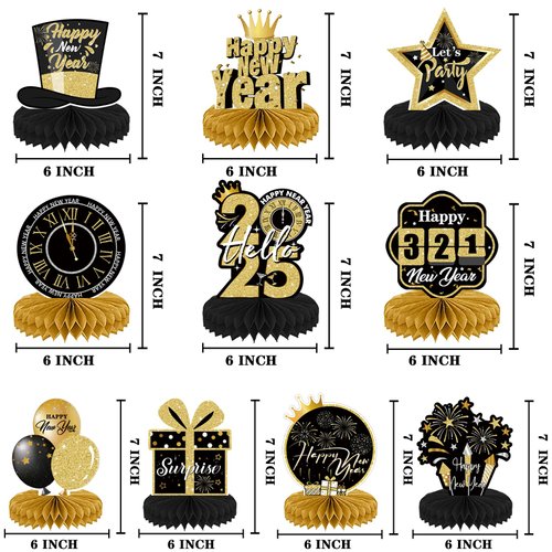 2025 New Year Party Centerpieces Decorations 10pcs New Year Eva Party Supplies,Hello 2025 Theme Table Toppers Black and Gold 2025 New Years Eve Party Supplies (New Years)