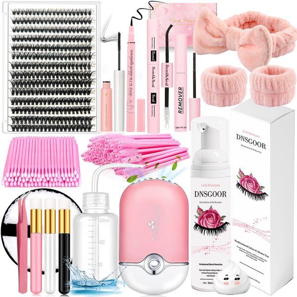 DIY Lash Extension Kit with 280 PCS 9-16mm 40D Lashes Clusters 200ml/6.7fl.oz Lash Cleanser Eyelash Shampoo Mini USB Portable Lash Fan Bond and Seal Remover Eyeliner Eyelid Cleaning Brush