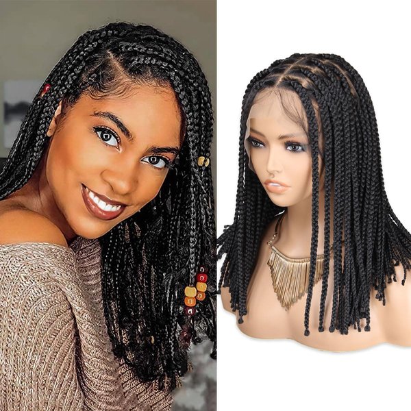 POUWENEY 14 inch 13x8 Braided Wigs for Black Women, Short HD Lace Front Box Braids Wig, Knotless Box Braid Wig Glueless Medium Box Braids Wig