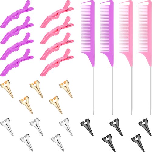 27 Pieces Hair Braiding Hair Parting and Selecting Hair Sectioning Ring for Braiding Curling Installation of Human Hair Extensions Pintail Rat Tail Comb Wide Teeth Sectioning Hair Clip (Purple, Pink)