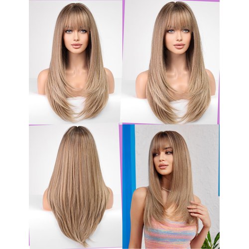 Getshow Blonde Wigs for Women Layered Straight Long Wig with Bangs Natural Synthetic Hair with Dark Roots