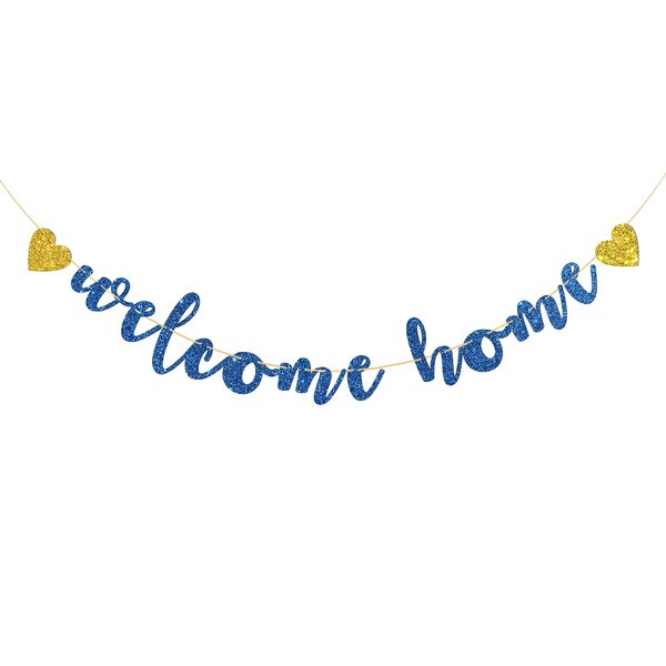 Talorine Welcome Home Banner, Glitter Welcome Party, Retirement, New House, Moving Away Party Decoration Supplies Blue Glitter