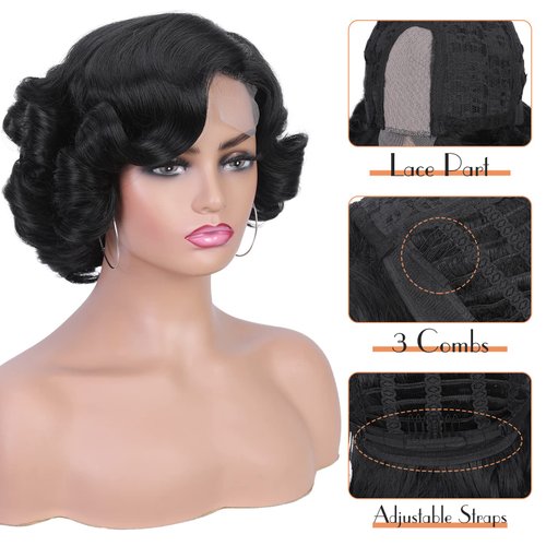 HANNE Short Curly Wigs for Black Women Side Part Ombre color Root Lace Part Short Wigs Curly Heat Resistant Loose Wave Black Women Wigs (Natural Black)