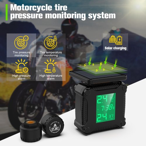Vatkan Universal Solar Motorcycle TPMS Tire Pressure Monitoring System with 2 External Sensors LCD Display Motorbike Tyre Temperature Alarm