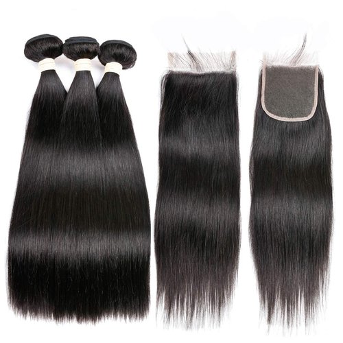 Beauhair Brazilian Virgin Human Hair 3 Bundles With (4x 4) Lace Free Part Closure Straight Wave Weft 100% Real Human Hair Extensions Natural Color (18 18 18+16"Closure)