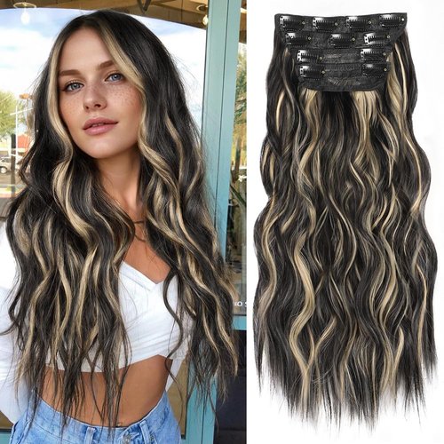 ALXNAN Clip in Hair Extensions for Women, Black Mix Blonde Long Wavy Hair Extensions Clip Ins 4PCS 20 Inch Synthetic Soft and Natural Thick Hair Pieces for Women