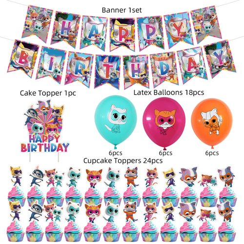 Super Cat Birthday Party Decorations, Super Cat Hero Includes Birthday Banner, Cake Topper, Cupcake Toppers, Balloons for Boys and Girls Party Decorations