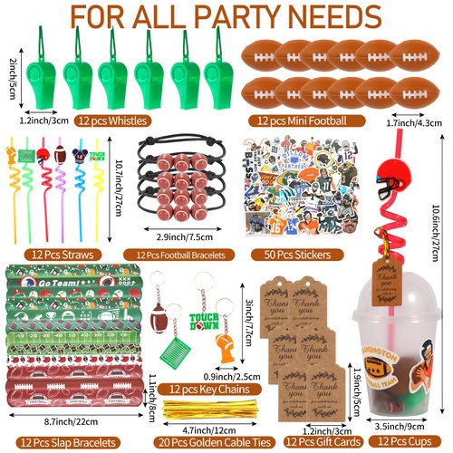 LiYiQ 158 Pcs Football Party Favors Football Party Supplies with Cup Straw Stress Ball Keychain Sticker Slaps Bracelets Whistle Thank You Tags for Football Birthday Decorations