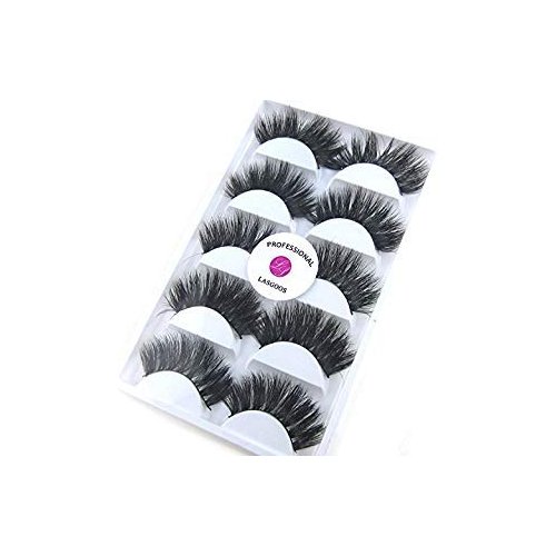3D Real Mink False Eyelashes LASGOOS 100% Siberian Mink Fur Luxurious Soft Cross Thick Very Long Wedding Party 5 Pairs 20mm Fake Eye Lashes K02 (1 Pack-5 Pairs)