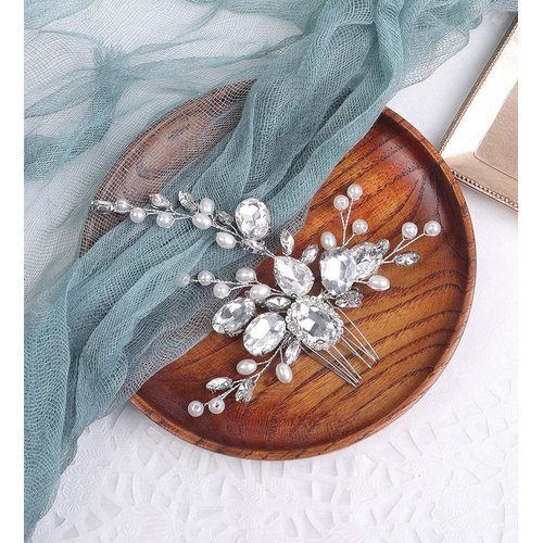 Denifery Bride Crystal Wedding Hair Comb Pearl Hair Piece Silver Bridal Hair Accessories for Women and Girls
