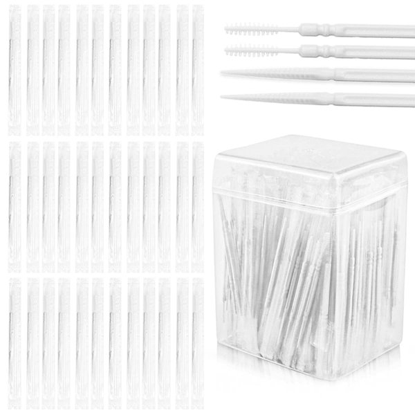 FERCAISH 400Pcs Disposable Individually Packaged Double Head Dental Floss Interdental Toothpick, Plastic Brush Teeth Stick Oral Care Toothpicks Teeth Cleaning Tool(White)