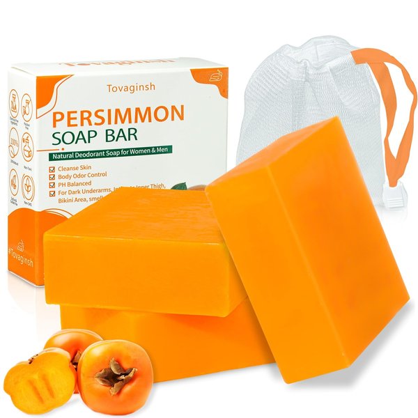 3Pack Natural Persimmon Soap Bar for Body Odor Control, Organic Deodorant Body Persimmon Bar Soap for Old People Smell, Remove Nonenal Body Odor Bath Soap, Persimmon Body Wash Soap for Women & Men
