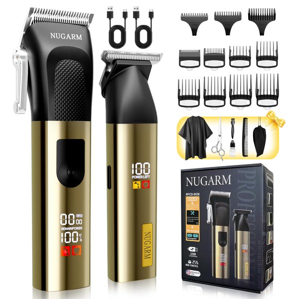 Professional Hair Clippers for Men - Cordless Barber Clippers Golden Zero Gapped T-Blade Hair Trimmer with LCD Display & Guide Combs Cutting Kit Haircut Machine for Family Grooming