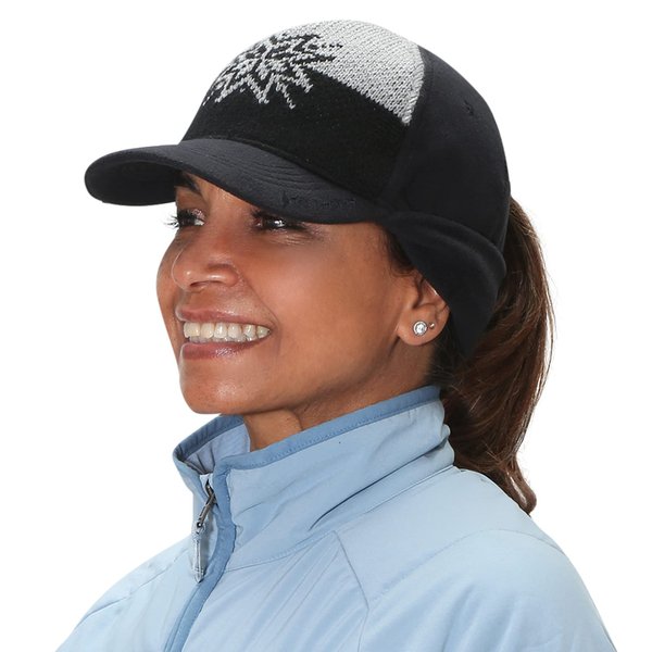 TrailHeads Women's Winter Ponytail Hat | Trucker Hat with Drop Down Ear Warmers - Knit Hat - Black and Grey Snowflake