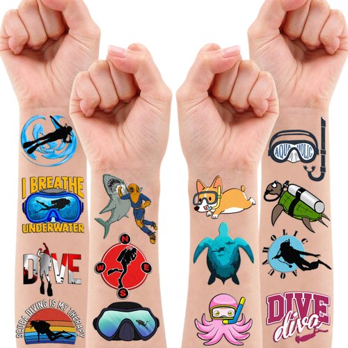 100PCS Cool Scuba Diving Temporary Tattoos Stickers Ocean Summer Beach Birthday Party Favors Decorations Supplies Decor Underwater Sports Tattoo Gifts For Kids Diver Boys Girls School Prizes Carnival