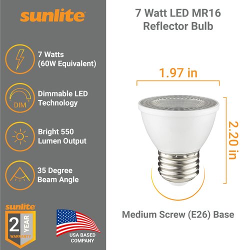 Sunlite LED PAR16 Short Neck Recessed Spotlight Bulb, 7 Watt, (60W Halogen Replacement), 550 Lumens, Medium (E26) Base, Dimmable, ETL Listed, 2700K Warm White, 6 Count