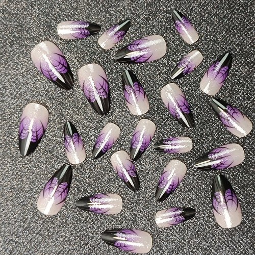 24 Pcs Halloween Pink Almond Short Press on Nails - SHANRUN Black Spider Web French Fake Nails Press ons Nail Art Tips Glue on Nails Full Cover Acrylic Stick False Nails with Ombre Purple Design Women