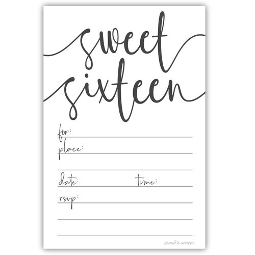 Classic Script Sweet 16 Birthday Invitations (20 Count) with Envelopes - Party Invites