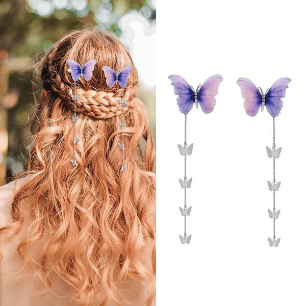 AUOCATTAIL 2 Pcs Butterfly Hair Clips Tassel Hair Barrettes Cute Hanging Ear Metal Butterfly Tassel Side Hairpin Hair Styling Accessories for Women Girls (Purple)