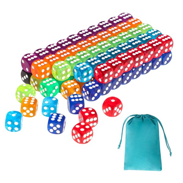 100 Pieces 16mm Colored Dice Set, Bulk Dice in 10 Translucent Colors with a Blue Drawstring Storage Bag, 6 Sided Dice for Classroom and Board Games