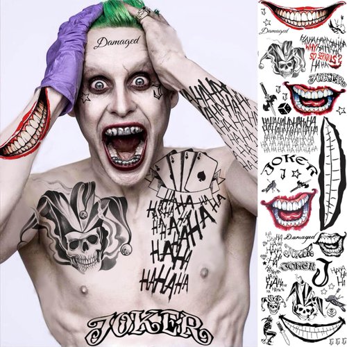 FANRUI 6 Sheets Joker Tattoos Halloween Face Makeup Kit, Halloween Joker Temporary Tattoos For Men Women Adults, Smile Face Clown Damaged Tattoo Joker Prisoner Cosplay Costumes And Party Accessories