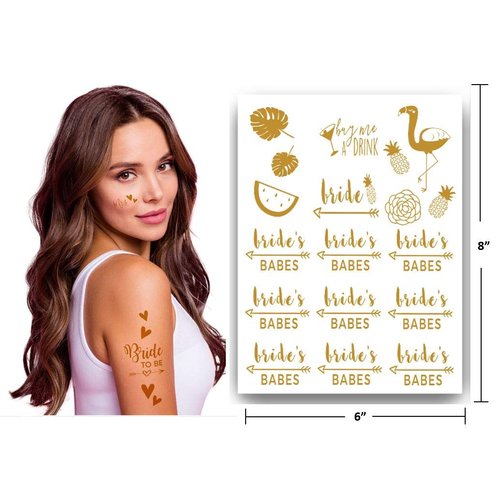 Bachelorettesy Wedding Temporary Tattoos 6 Sheets Bride Bachelorette Stickers 100+ Metallic Gold Tattoos for Bridal Party, Bachelorette Trip, Bridal Shower Party Decorations, Party Favors (Gold)