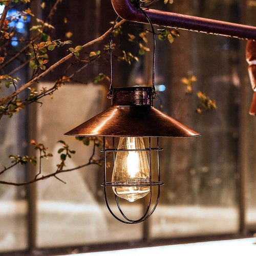 Solar Lantern Outdoor Hanging Light- Waterproof Vintage Metal Solar Lantern Light with Warm White Edison Bulb Decorative for Patio, Backyard, Porch, Yard