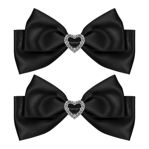 Black Satin Hair Bow Clips, Christmas Valentine School Hairpins with Heart Rhinestones,Handmade Bowknot Hair Accessories for Kids Girls New Year Decor