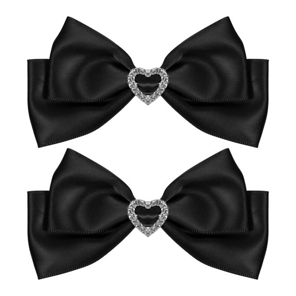 Black Satin Hair Bow Clips, Christmas Valentine School Hairpins with Heart Rhinestones,Handmade Bowknot Hair Accessories for Kids Girls New Year Decor