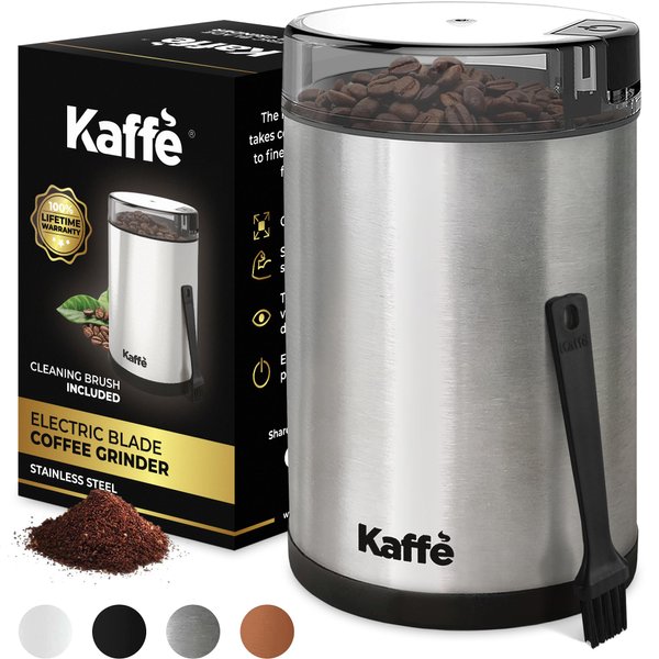 Kaffe One-Touch Coffee Grinder Electric w/Cleaning Brush (3 oz) - Stainless Steel - Coffee Grinders for Home Use - Up to 12 Cups of Coffee per Grind - Easy On/Off Coffee Bean Grinder - Silver
