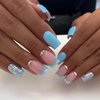24Pcs French Tip Press on Nails Short Short Fake Nails Blue Glitter Sequins with Rhinestones Exquisite Design Full Cover Artificial Glue on Nails Rhinestones False Nails for Women Girls Acrylic Nails