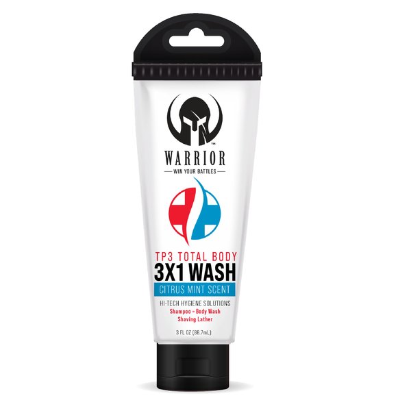 Warrior 3 in 1 Body Wash For Men And Women - Travel Size Body Wash, Shampoo & Shaving Lather with Citrus Mint Scent – USA Made Liquid Soap Body Wash for Military & Camping Enthusiasts (3.0 FL OZ)