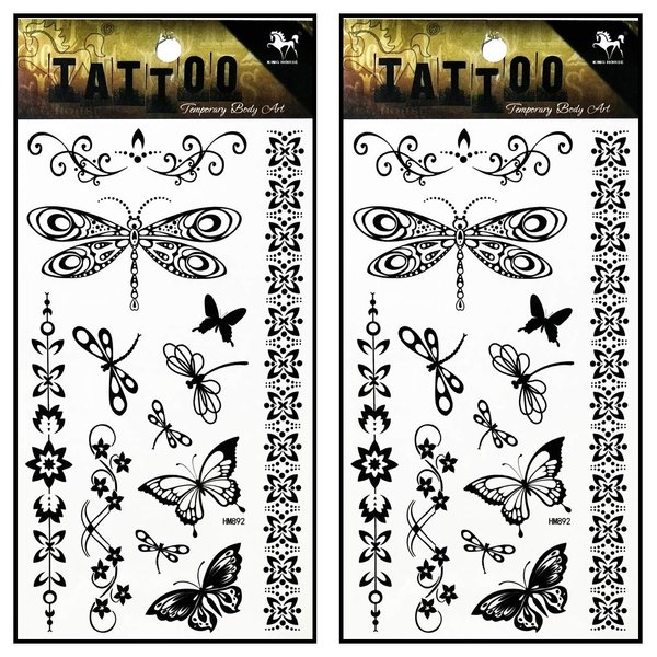 Tattoos 2 Sheets Butterfly dragonfly Vine Fantasy Henna Temporary Tattoo Body Art Stickers Waterproof Tattoos Fake Removable for Kid Teens Men Women