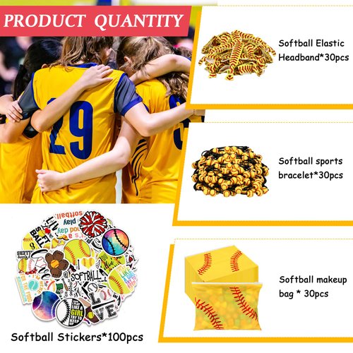 Siifert 390 Pcs Softball Party Favors Softball Team Gifts for Girls Women Include 30 Goodie Makeup Bags 30 Bracelet 30 Hair Ties 300 Sticker for Softball Sports Lovers Birthday Party Decoration