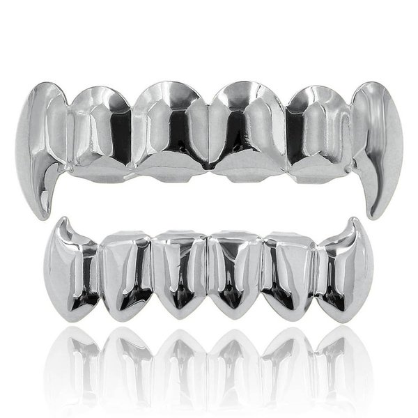 JINAO Silver Vampire Fangs Teeth Grillz Face 18K Gold Plated Top Bottom Grills for Your Teeth Set for Men and Women Hip Hop Jewelry (Silver Grillz)