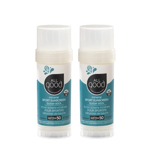 All Good Sports Mineral Sunscreen Butter Stick for Face, Nose, Ears - UVA/UVB Broad Spectrum SPF 50, Coral Reef Friendly, Water Resistant, Zinc Oxide, Coconut Oil, Beeswax, Vitamin E (2.75 oz)(2-pack)